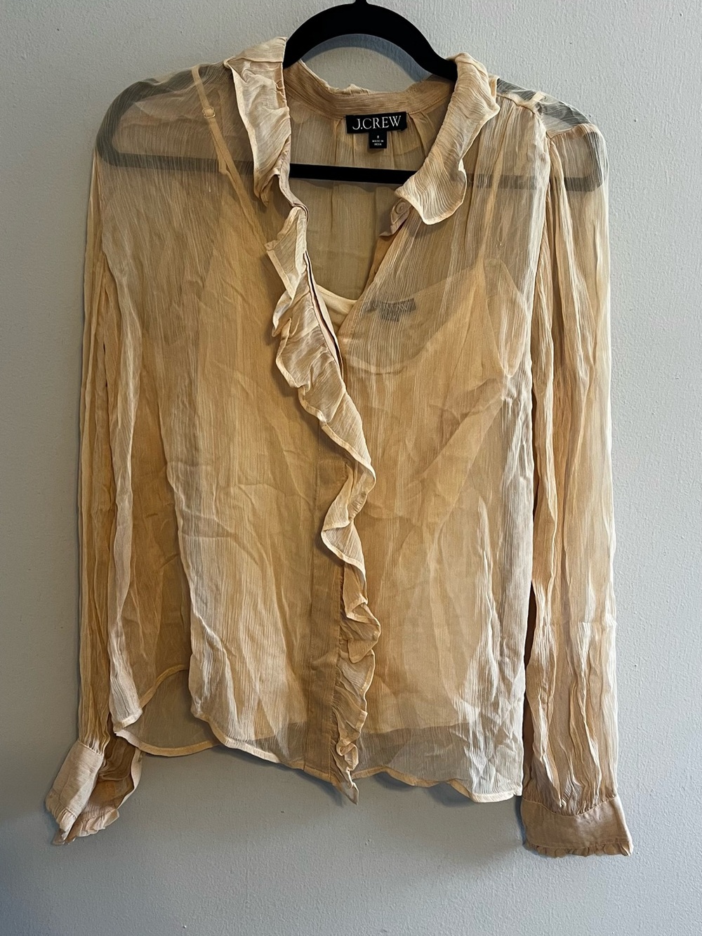 J.Crew Ruffle Button-Up Shirt in Crinkle Chiffon Beige with Cami Women’s Size 8
